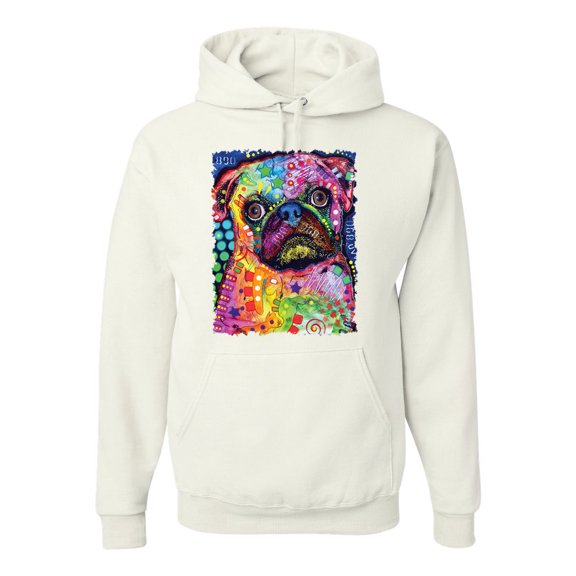 Funny Neon Pug | Dean Russo Art Animal Lover Unisex Hoodie Sweatshirt, White, X-Large