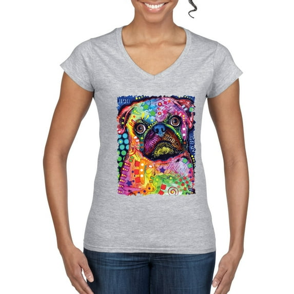 Funny Neon Pug | Dean Russo Art Animal Lover Women's Standard V-Neck Tee, Heather Grey, Medium