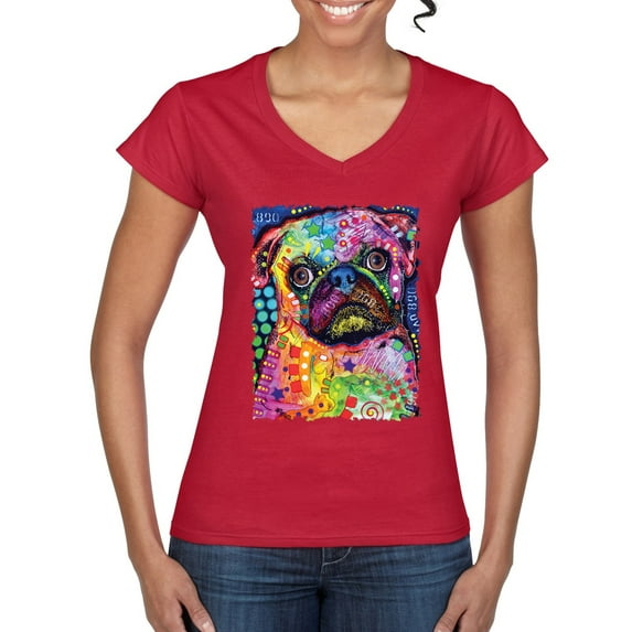 Funny Neon Pug | Dean Russo Art Animal Lover Women’s Standard V-Neck Tee, Red, Small