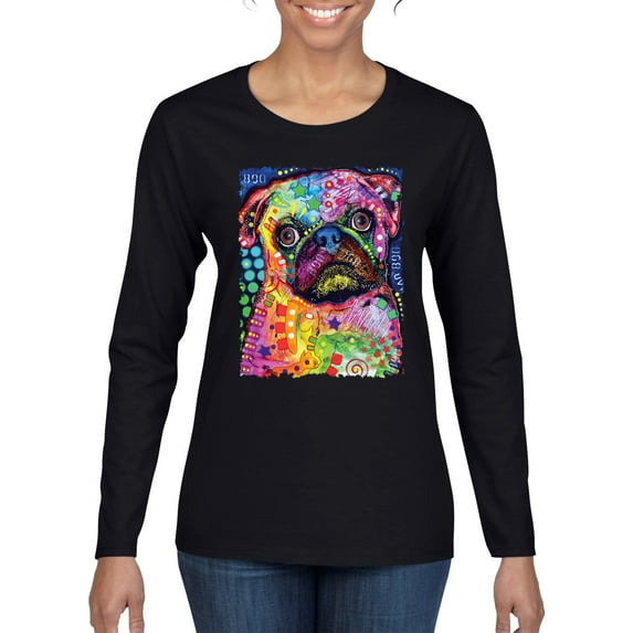 Funny Neon Pug | Dean Russo Art Animal Lover Womens Long Sleeve T-Shirt, Black, XX-Large
