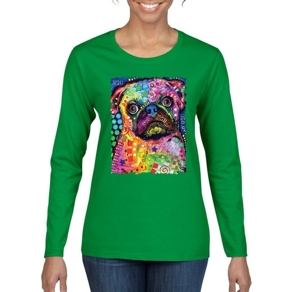 Funny Neon Pug | Dean Russo Art Animal Lover Womens Long Sleeve T-Shirt, Kelly, XX-Large