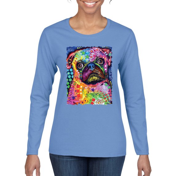Funny Neon Pug | Dean Russo Art Animal Lover Womens Long Sleeve T-Shirt, Light Blue, Large