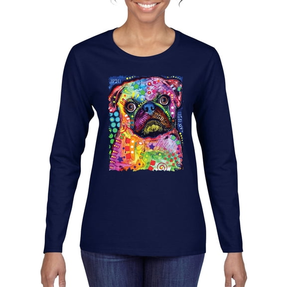 Funny Neon Pug | Dean Russo Art Animal Lover Womens Long Sleeve T-Shirt, Navy, XX-Large