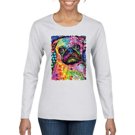 Funny Neon Pug | Dean Russo Art Animal Lover Womens Long Sleeve T-Shirt, White, X-Large