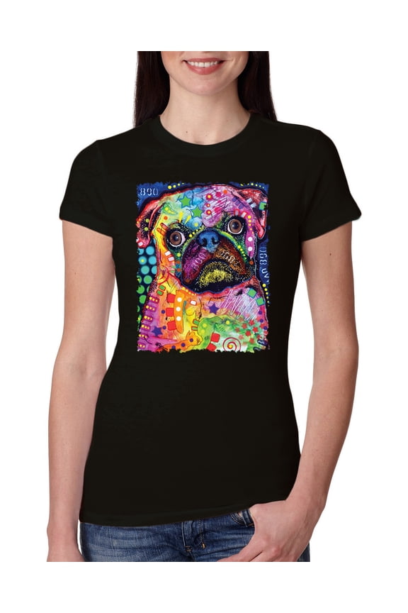Funny Neon Pug | Dean Russo Art Animal Lover Womens Slim Fit Junior Tee, Black, Medium