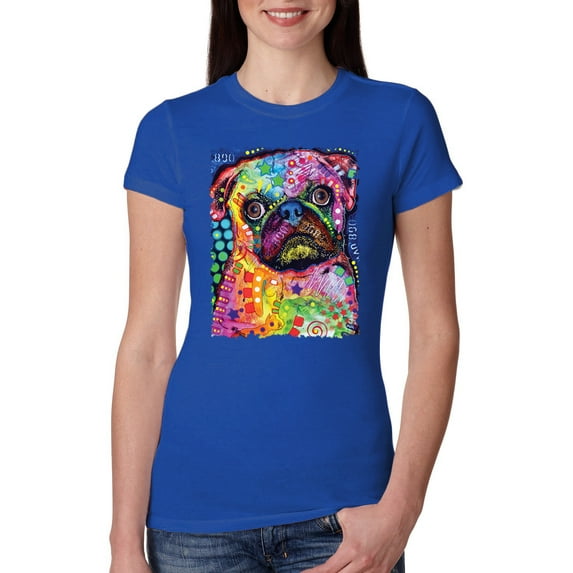 Funny Neon Pug | Dean Russo Art Animal Lover Womens Slim Fit Junior Tee, Royal, Medium