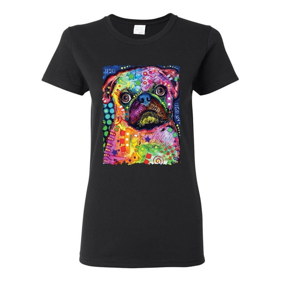 Funny Neon Pug | Dean Russo Art Animal Lover Womens T-Shirt, Black, Medium