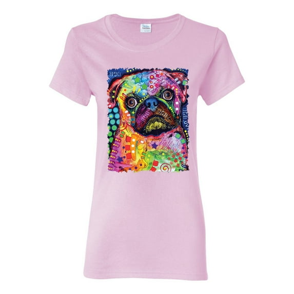 Funny Neon Pug | Dean Russo Art Animal Lover Womens T-Shirt, Light Pink, Small