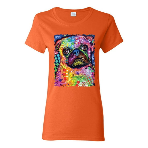 Funny Neon Pug | Dean Russo Art Animal Lover Womens T-Shirt, Orange, X-Large