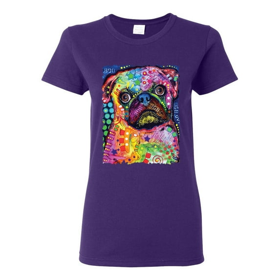 Funny Neon Pug | Dean Russo Art Animal Lover Womens T-Shirt, Purple, 3X-Large