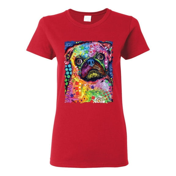 Funny Neon Pug | Dean Russo Art Animal Lover Womens T-Shirt, Red, X-Large