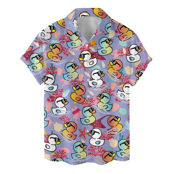 Funny Neon Rubber Duck Hawaiian Shirt For Men Deep Ocean Duckies Mens Hawaiian Shirts Short Sleeve Button Down Shirt Men