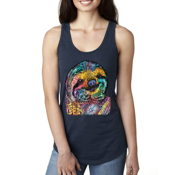 Funny Neon Sloth | Dean Russo Art Animal Lover Ladies Racerback Sleeveless Top, Navy, L