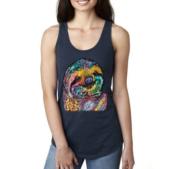 Funny Neon Sloth | Dean Russo Art Animal Lover Ladies Racerback Sleeveless Top, Navy, L