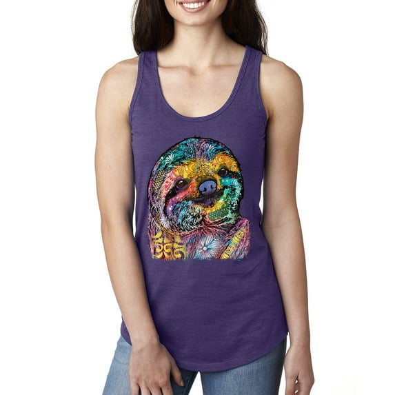 Funny Neon Sloth | Dean Russo Art Animal Lover Ladies Racerback Sleeveless Top, Purple Rush, L
