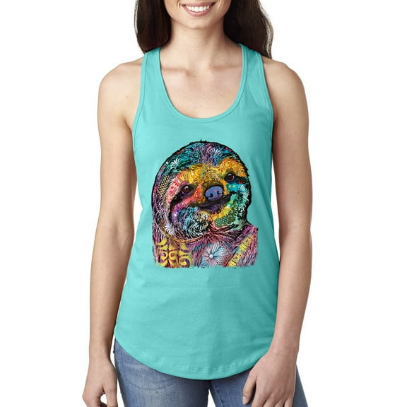 Funny Neon Sloth | Dean Russo Art Animal Lover Ladies Racerback Sleeveless Top, Tahiti Blue, XL