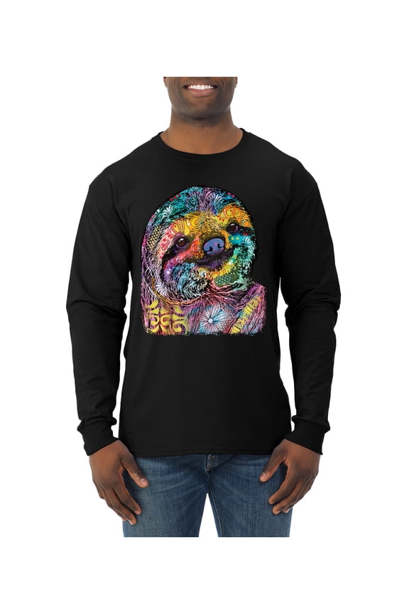 Funny Neon Sloth | Dean Russo Art Animal Lover Mens Long Sleeve Shirt, Black, M