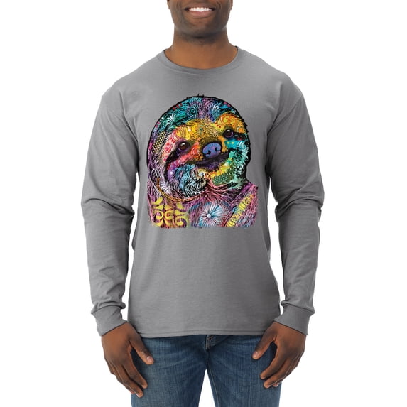 Funny Neon Sloth | Dean Russo Art Animal Lover Mens Long Sleeve Shirt, Heather Grey, L