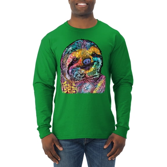 Funny Neon Sloth | Dean Russo Art Animal Lover Mens Long Sleeve Shirt, Kelly, S