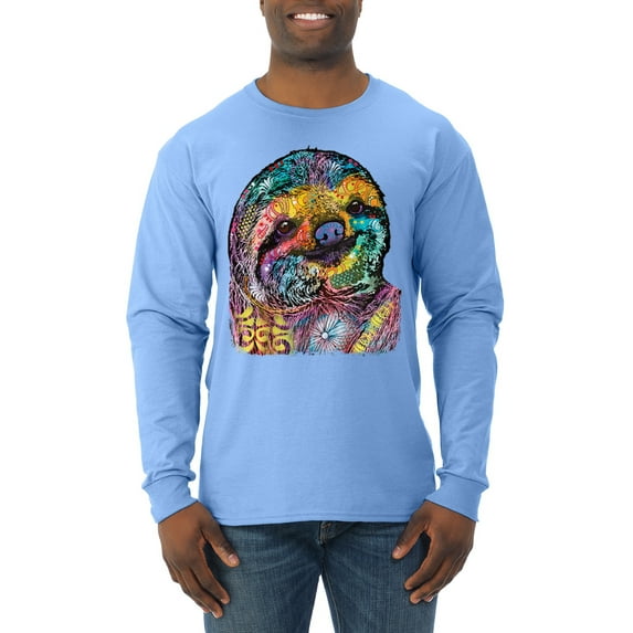 Funny Neon Sloth | Dean Russo Art Animal Lover Mens Long Sleeve Shirt, Light Blue, L