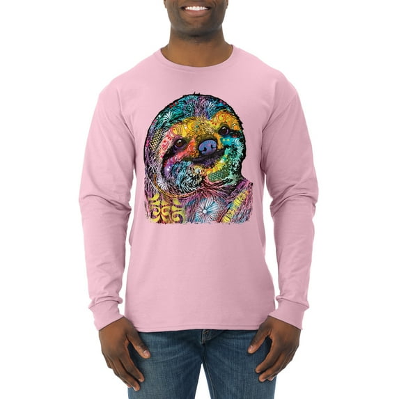 Funny Neon Sloth | Dean Russo Art Animal Lover Mens Long Sleeve Shirt, Light Pink, S
