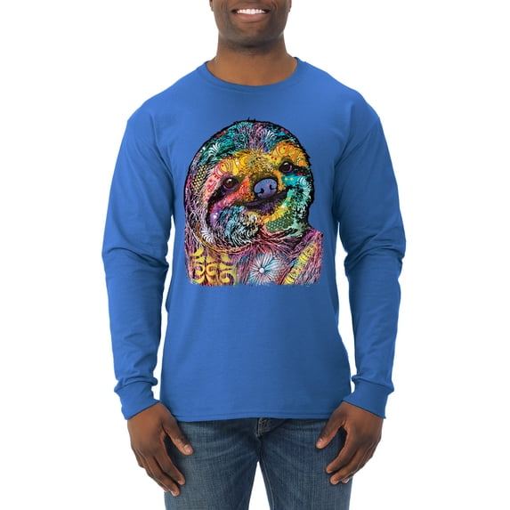 Funny Neon Sloth | Dean Russo Art Animal Lover Mens Long Sleeve Shirt, Royal, 2XL