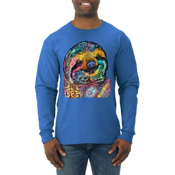 Funny Neon Sloth | Dean Russo Art Animal Lover Mens Long Sleeve Shirt, Royal, S