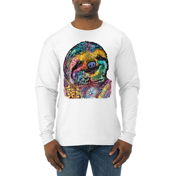 Funny Neon Sloth | Dean Russo Art Animal Lover Mens Long Sleeve Shirt, White, 3XL