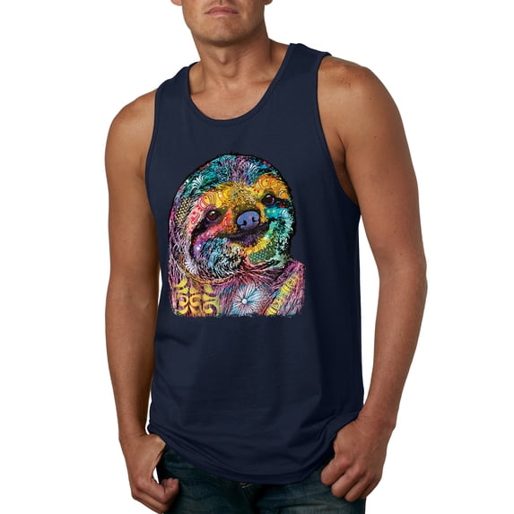 Funny Neon Sloth | Dean Russo Art Animal Lover Mens Sleeveless Top, Navy, S