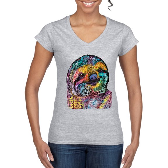 Funny Neon Sloth | Dean Russo Art Animal Lover Women's Standard V-Neck Tee, Heather Grey, S