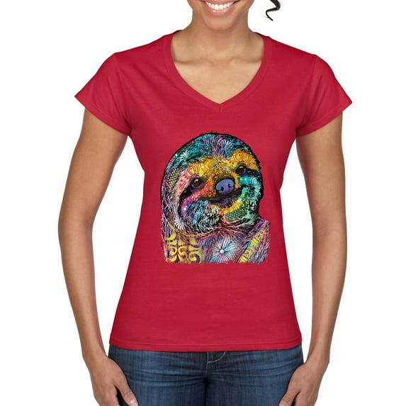 Funny Neon Sloth | Dean Russo Art Animal Lover Women's Standard V-Neck Tee, Red, M