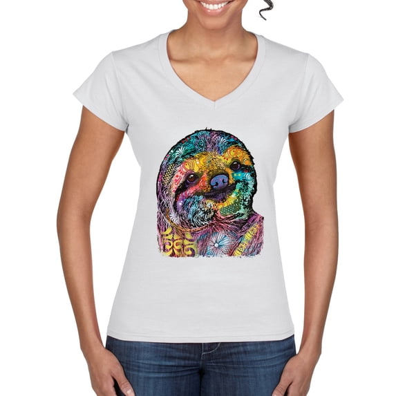 Funny Neon Sloth | Dean Russo Art Animal Lover Women’s Standard V-Neck Tee, White, M