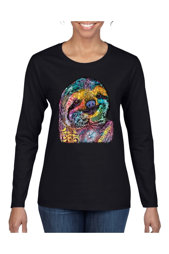 Funny Neon Sloth | Dean Russo Art Animal Lover Womens Long Sleeve T-Shirt, Black, L
