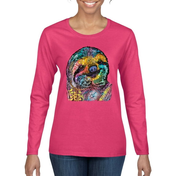 Funny Neon Sloth | Dean Russo Art Animal Lover Womens Long Sleeve T-Shirt, Fuschia, 2XL
