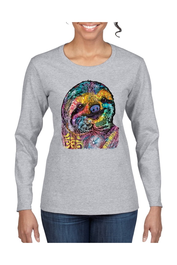Funny Neon Sloth | Dean Russo Art Animal Lover Womens Long Sleeve T-Shirt, Heather Grey, 2XL