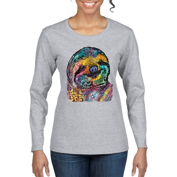 Funny Neon Sloth | Dean Russo Art Animal Lover Womens Long Sleeve T-Shirt, Heather Grey, XL