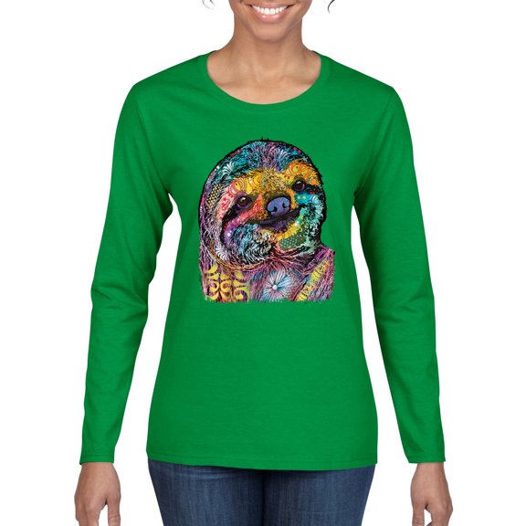 Funny Neon Sloth | Dean Russo Art Animal Lover Womens Long Sleeve T-Shirt, Kelly, L