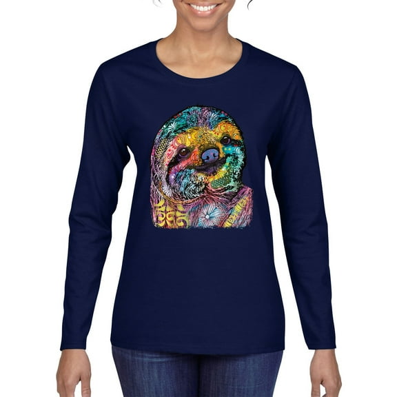 Funny Neon Sloth | Dean Russo Art Animal Lover Womens Long Sleeve T-Shirt, Navy, M
