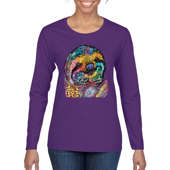 Funny Neon Sloth | Dean Russo Art Animal Lover Womens Long Sleeve T-Shirt, Purple, XL