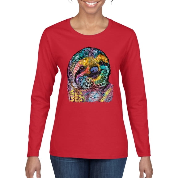 Funny Neon Sloth | Dean Russo Art Animal Lover Womens Long Sleeve T-Shirt, Red, XL