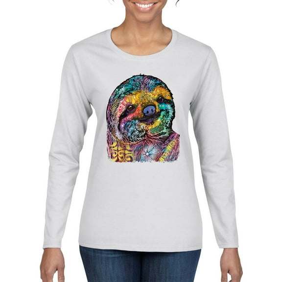 Funny Neon Sloth | Dean Russo Art Animal Lover Womens Long Sleeve T-Shirt, White, 2XL