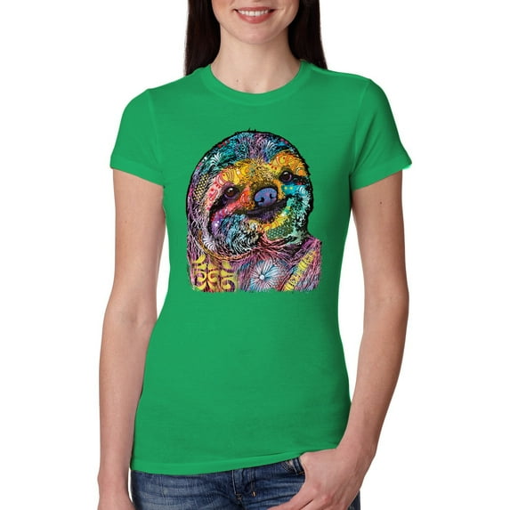 Funny Neon Sloth | Dean Russo Art Animal Lover Womens Slim Fit Junior Tee, Kelly, XL