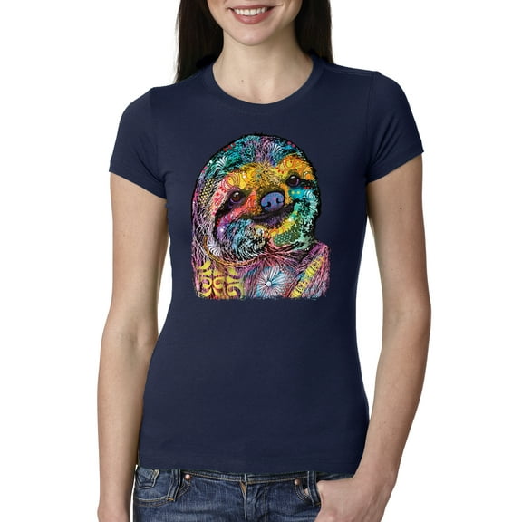 Funny Neon Sloth | Dean Russo Art Animal Lover Womens Slim Fit Junior Tee, Navy, XL