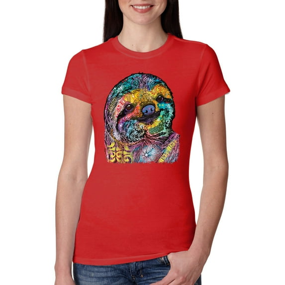 Funny Neon Sloth | Dean Russo Art Animal Lover Womens Slim Fit Junior Tee, Red, L