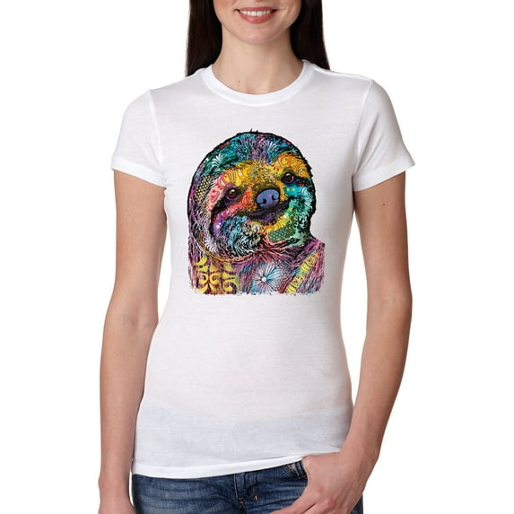 Funny Neon Sloth | Dean Russo Art Animal Lover Womens Slim Fit Junior Tee, White, L