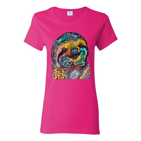 Funny Neon Sloth | Dean Russo Art Animal Lover Womens T-Shirt, Fuschia, XL