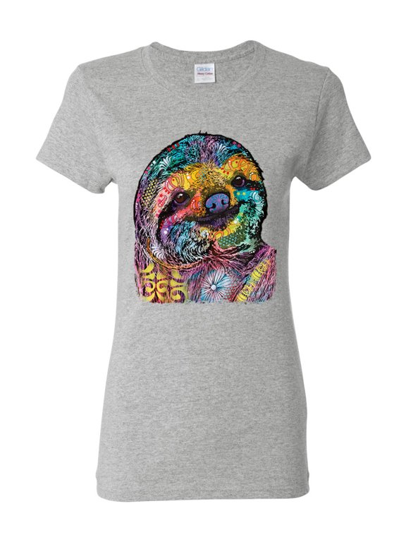 Funny Neon Sloth | Dean Russo Art Animal Lover Womens T-Shirt, Heather Grey, XL