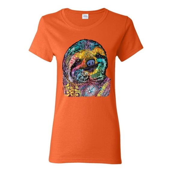 Funny Neon Sloth | Dean Russo Art Animal Lover Womens T-Shirt, Orange, S