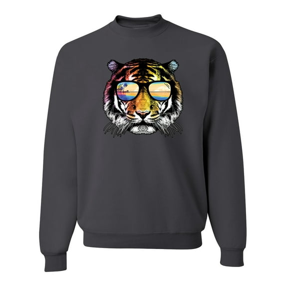 Funny Neon Summer California Beach Tiger | Mens Animal Lover Crewneck Graphic Sweatshirt, Charcoal, 3XL