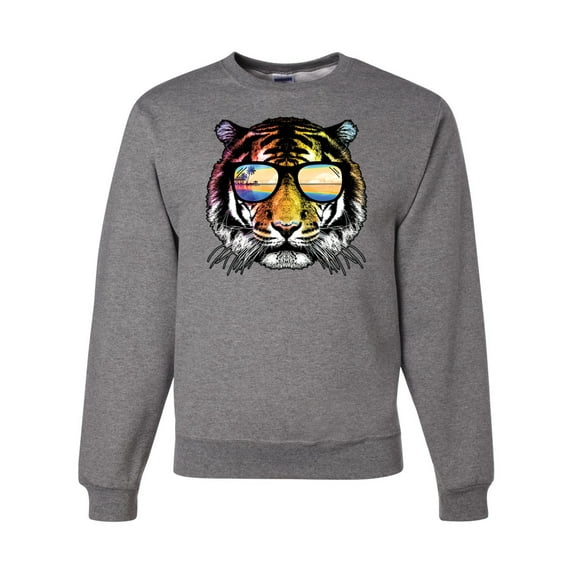Funny Neon Summer California Beach Tiger | Mens Animal Lover Crewneck Graphic Sweatshirt, Heather Grey, 3XL